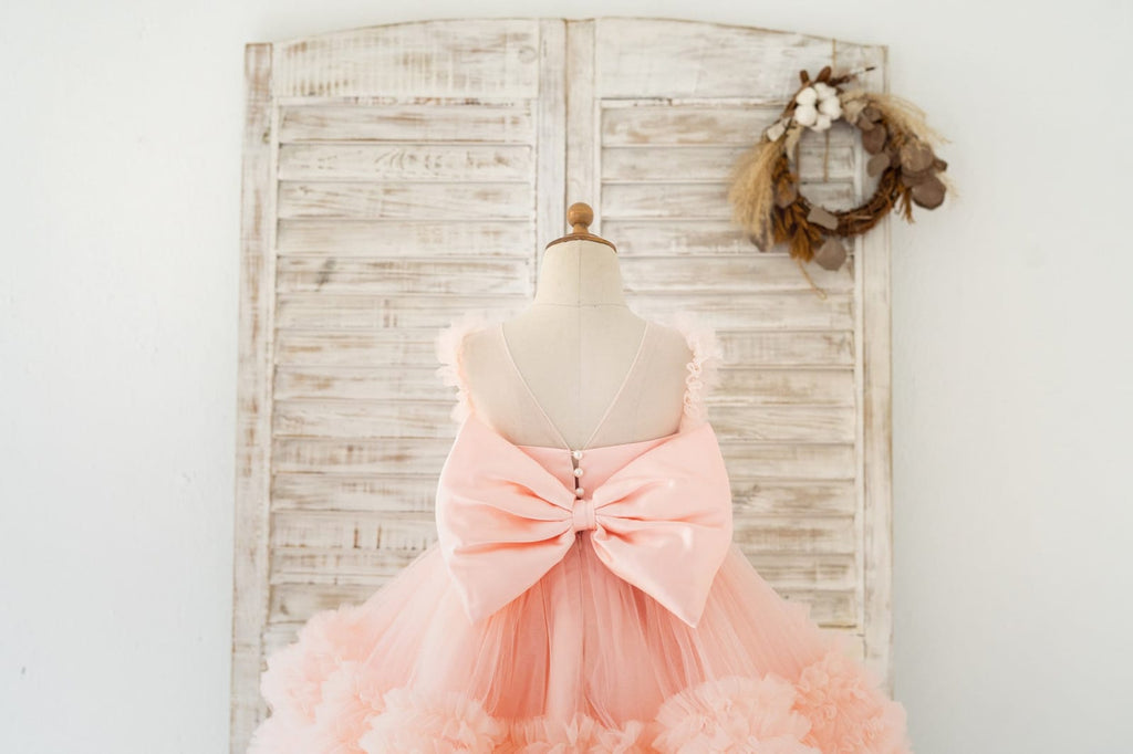 Girls Dress Pink Floral Lace Pearl V-back Bow Hi-lo Party Wedding