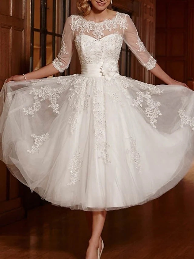 A-Line Wedding Dress Tea Length 3/4 Sleeve V Neck Lace Tulle 2024