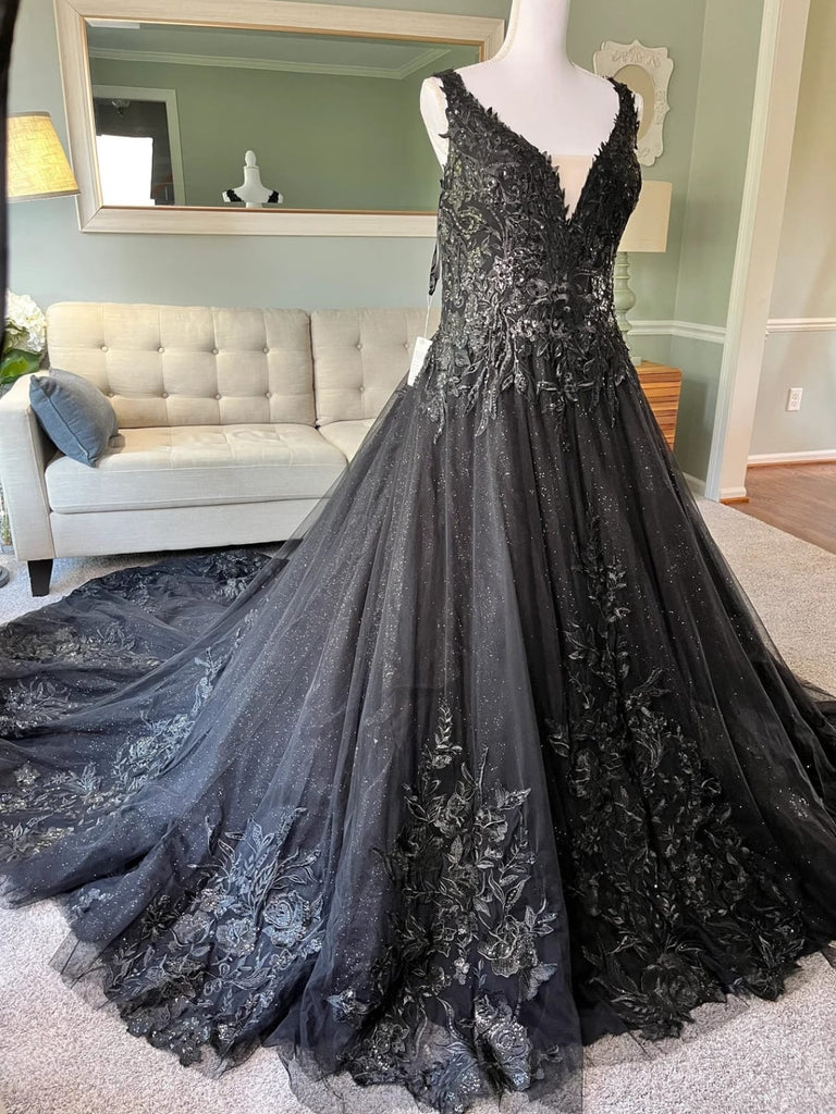 Gothic Black Wedding Dresses V Neck Long Sleeves Lace Appliques Bridal Gowns  | eBay