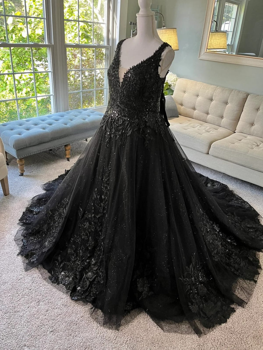 Glitter Embroidered Lace A-line Cathedral Gothic Black Wedding Dress ...