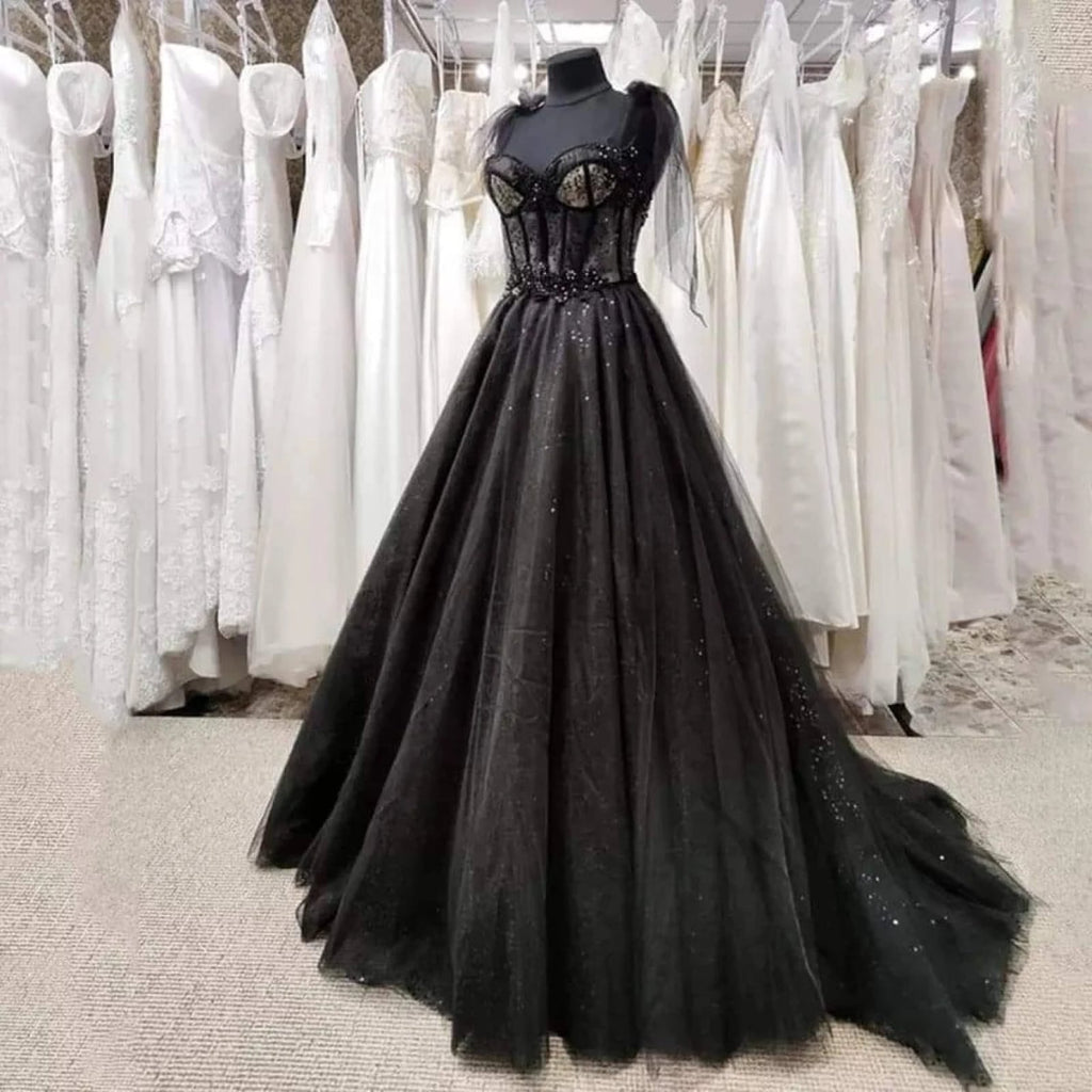 Glitter Lace Tulle Sweetheart Corset Court Black Wedding Dress - Princessly