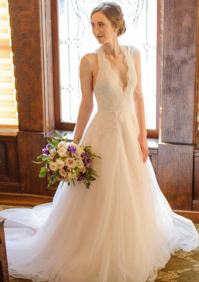 White Simple Wedding Dress With Train Bateau Neck Sleeveless Backless —  Bridelily