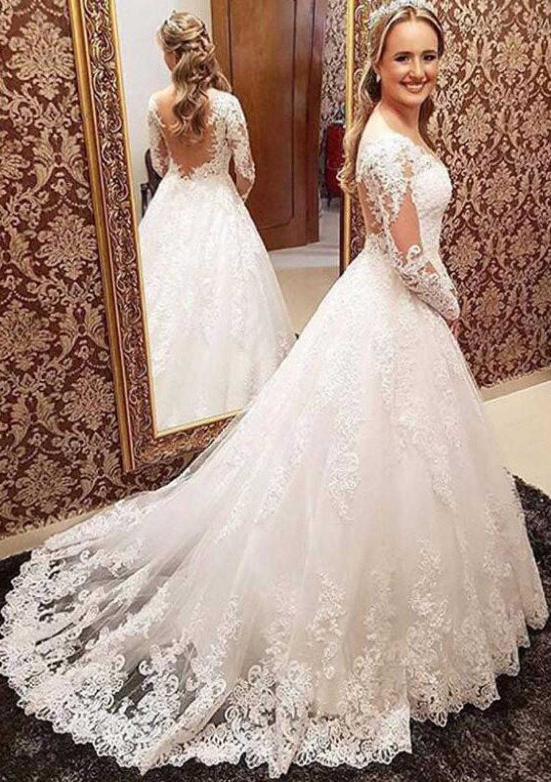 A-Line Wedding Dress Tea Length 3/4 Sleeve V Neck Lace Tulle 2024