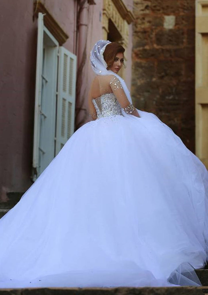 Illusion Ball Gown Chapel White Tulle Wedding Dress, Rhinestone