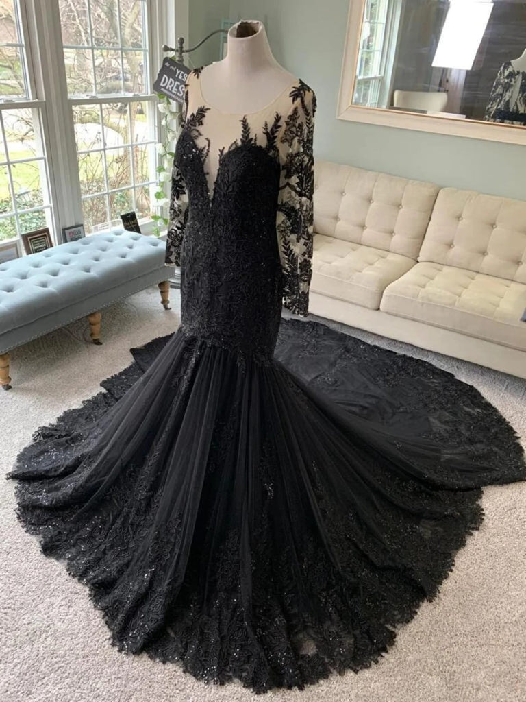 Illusion Long Sleeve Lace Tulle Trumpet Black Wedding Dress, Sequins -  Princessly