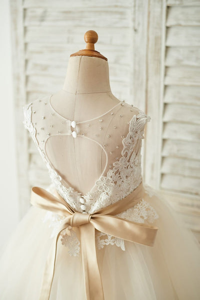 Champagne Satin Ivory Lace Sheer Back Wedding Flower Girl Dress – Flower  Girl Dresses