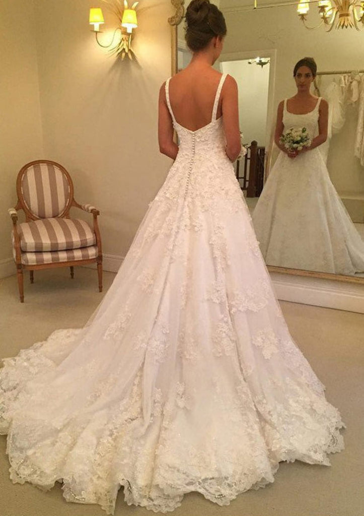 Ivory Lace A-Line Scoop Neck Sleeveless Court Wedding Dress - Princessly
