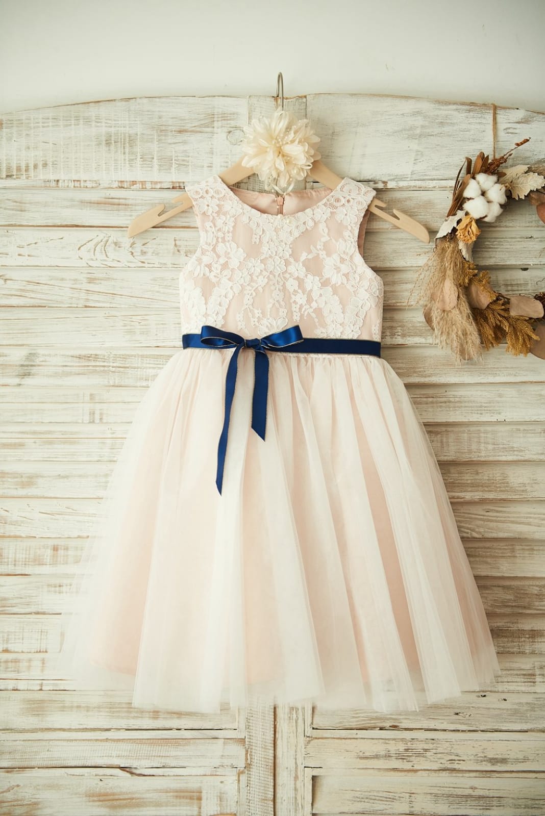 Ivory Lace Tulle Pink Lining Wedding Flower Girl Dress Navy Blue Sash 10T