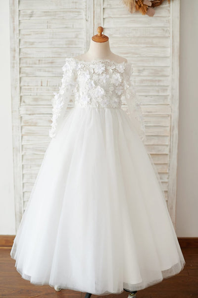 ivory lace tulle shoulder long sleeves wedding flower girl dress flowers