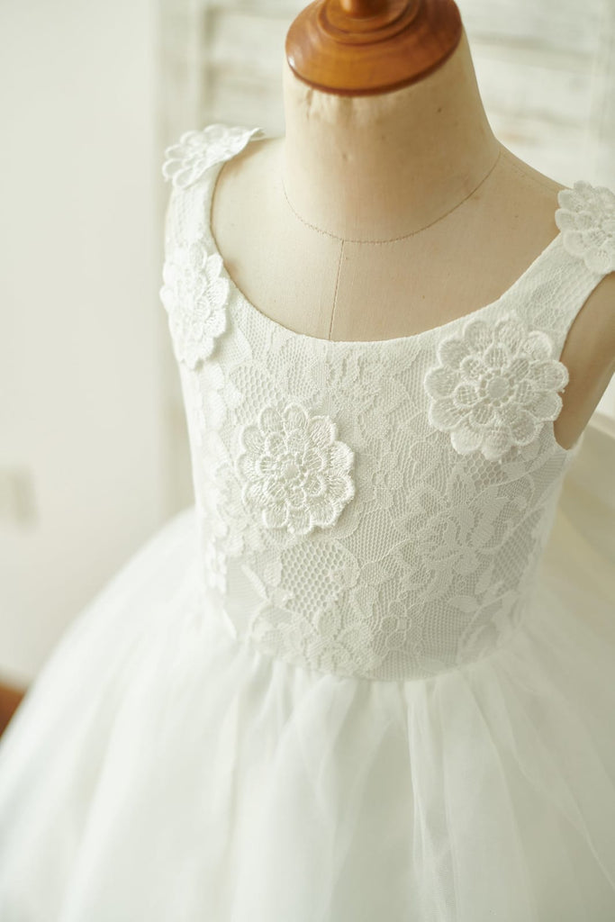 White Lace and Ruffled Tulle Flower Girl Dresses - Xdressy