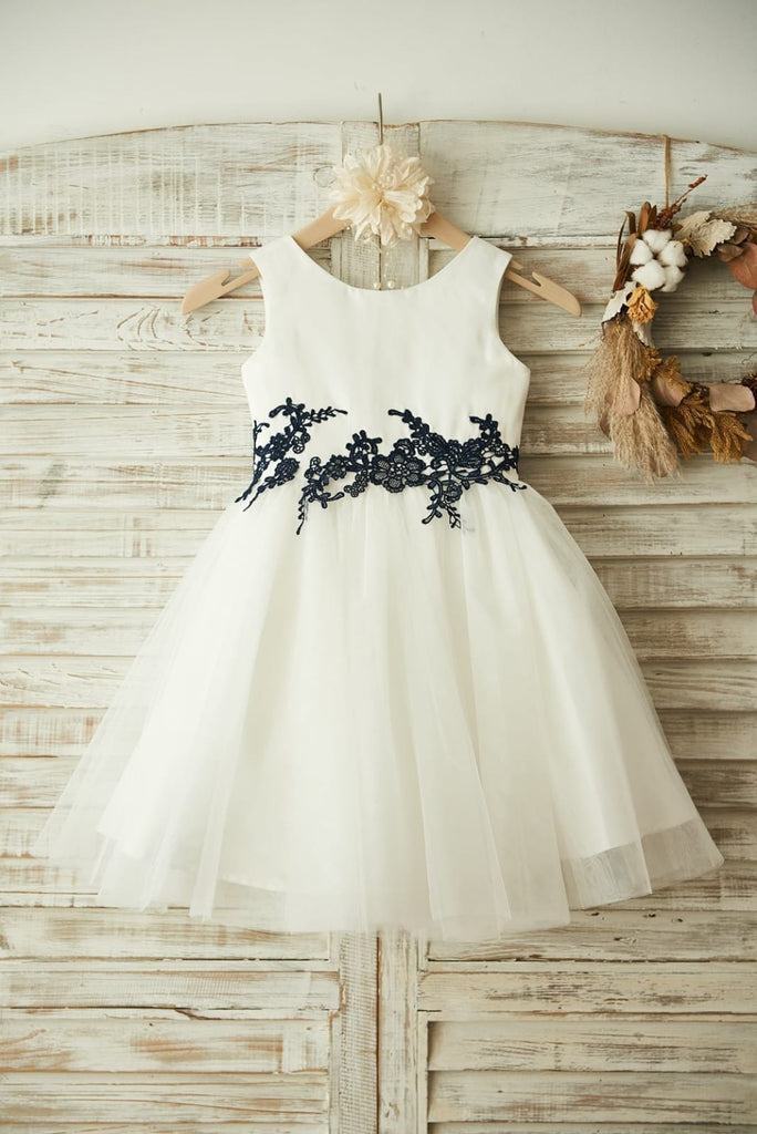 Ivory Satin Tulle Black Lace Wedding Flower Girl Dress Custom Size