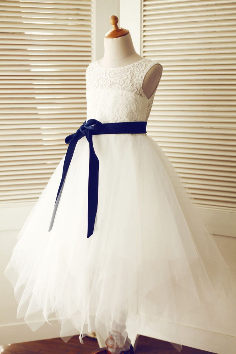 Keyhole Back Ivory Lace Tulle Wedding Flower Girl Dress, Navy Blue Sas ...
