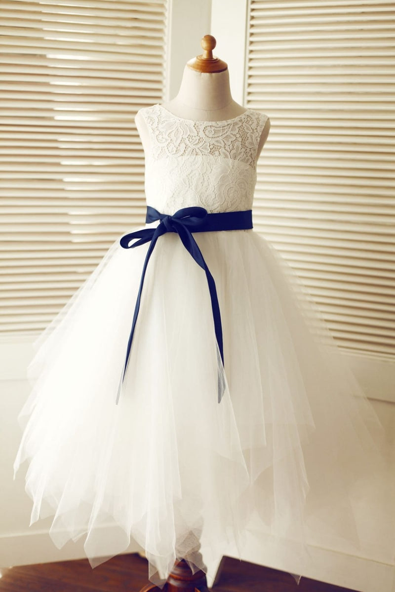 Keyhole Back Ivory Lace Tulle Wedding Flower Girl Dress, Navy Blue Sas ...