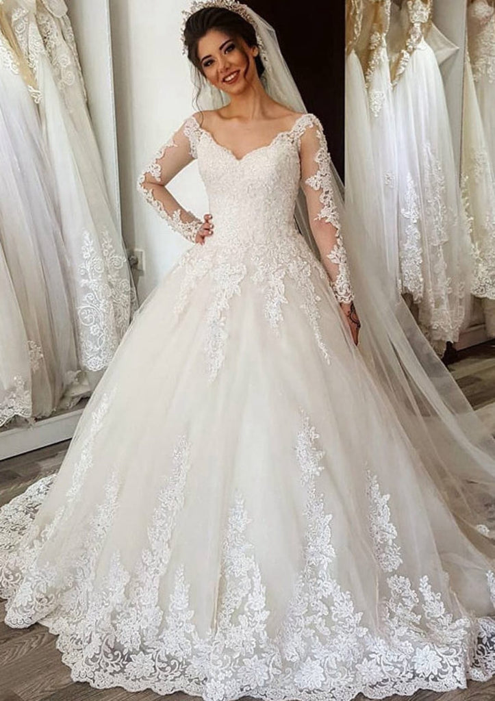 Illusion Neck Long Sleeve Floor-Length Lace Tulle Wedding Dress - Princessly