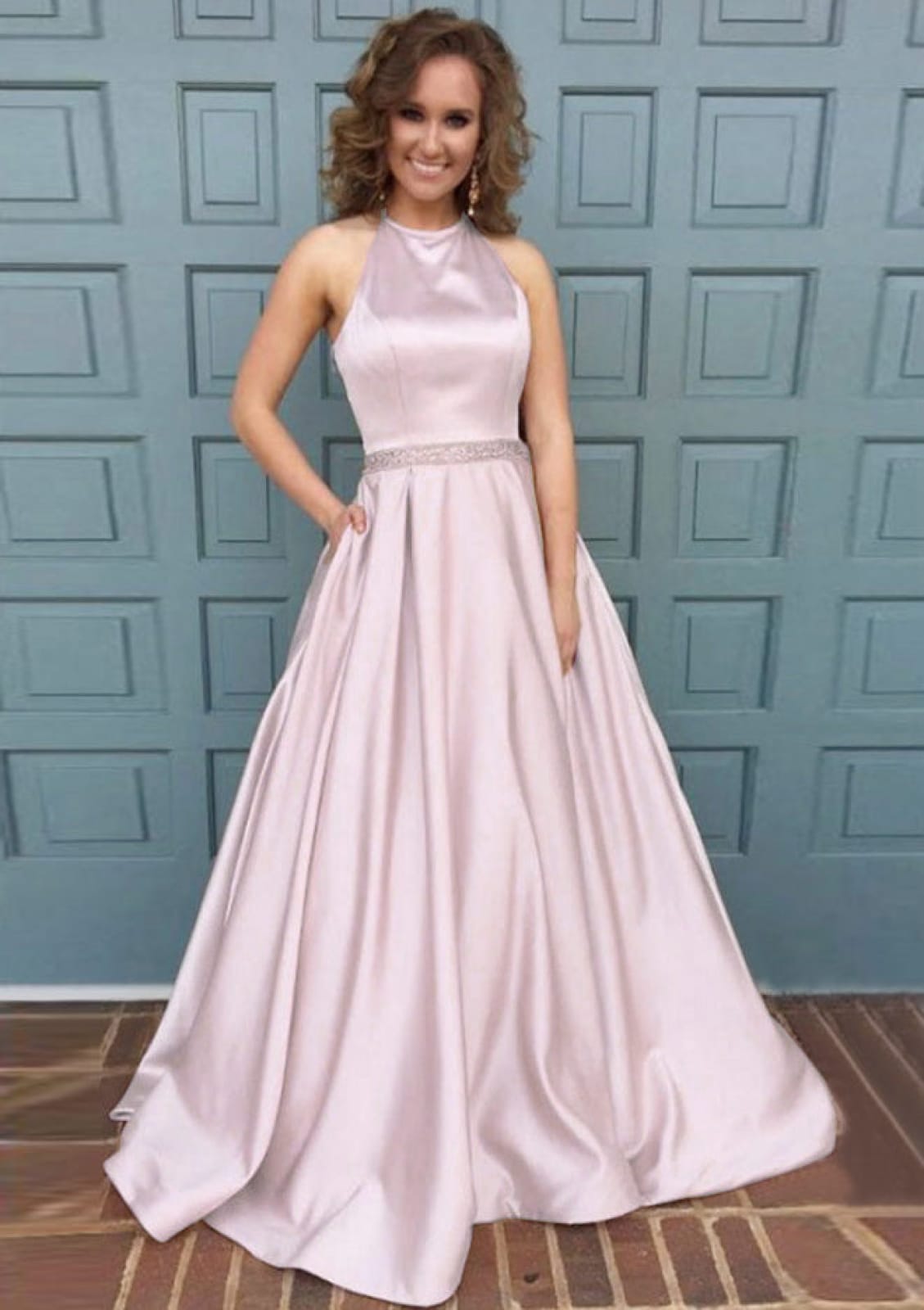 A Line Halter Neck Sleeveless Sweep Pearl Pink Satin Prom Dress Beading