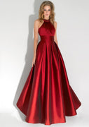A-line High-Neck Sleeveless Piso-Length Vino Red Satin Prom Dress, Pleated
