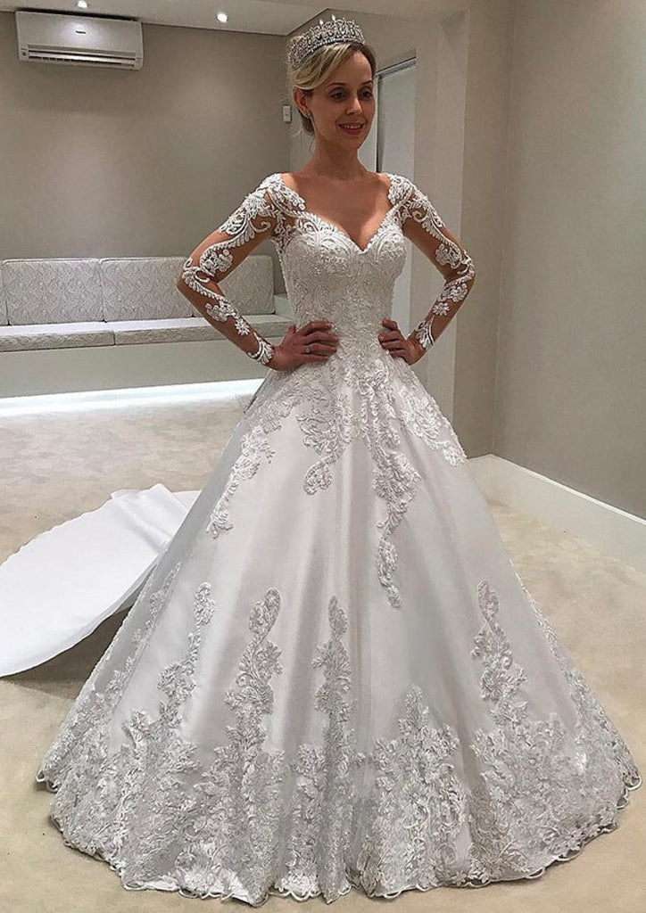 Satin A Line V Neck Long Sleeves Lace Wedding Dresses PW340