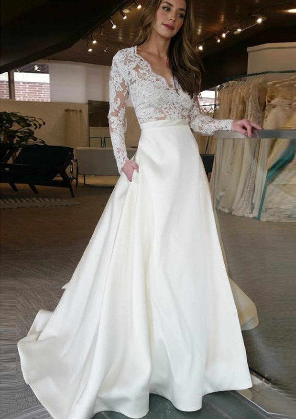A-Line Wedding Dress Tea Length 3/4 Sleeve V Neck Lace Tulle 2024 Brid -  Princessly