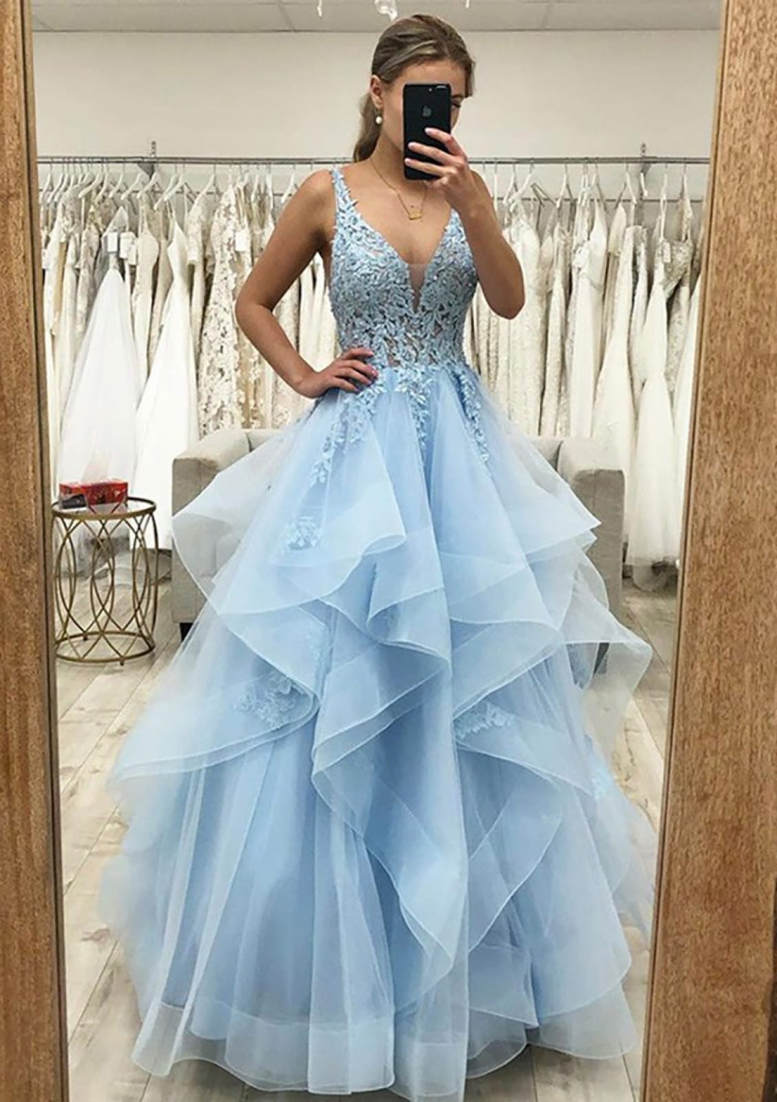 V Neck Lace Corset Horsehair Sky Blue Tulle Prom Dress Evening Gown -  Princessly