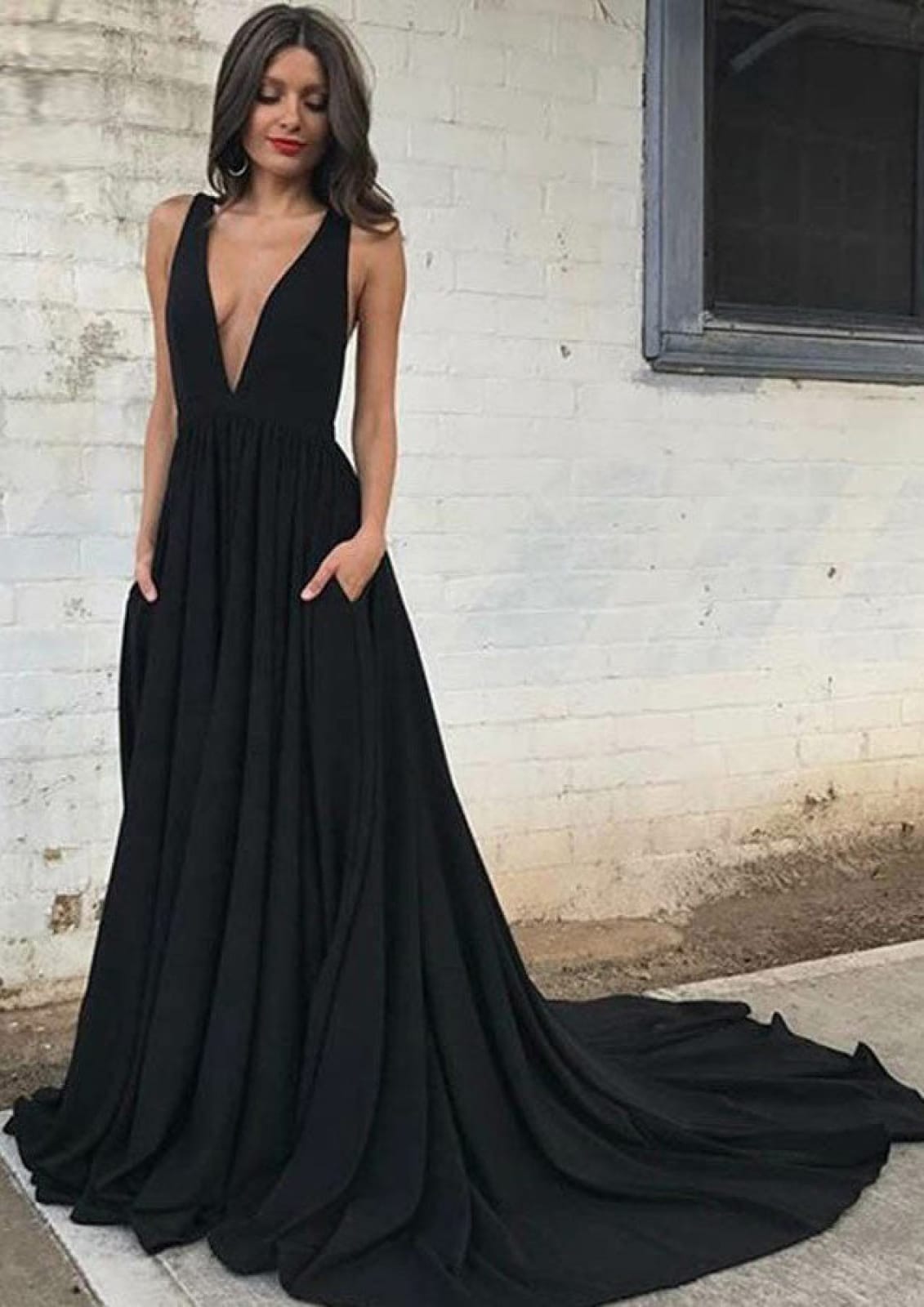 A line Plunging Sleeveless Backless Court Black Charmeuse Prom