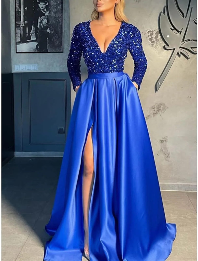 Royal Blue V-Neck Side Slit Long Prom Dress, Spaghetti Strap Formal Gown  With Sweep Train Pockets