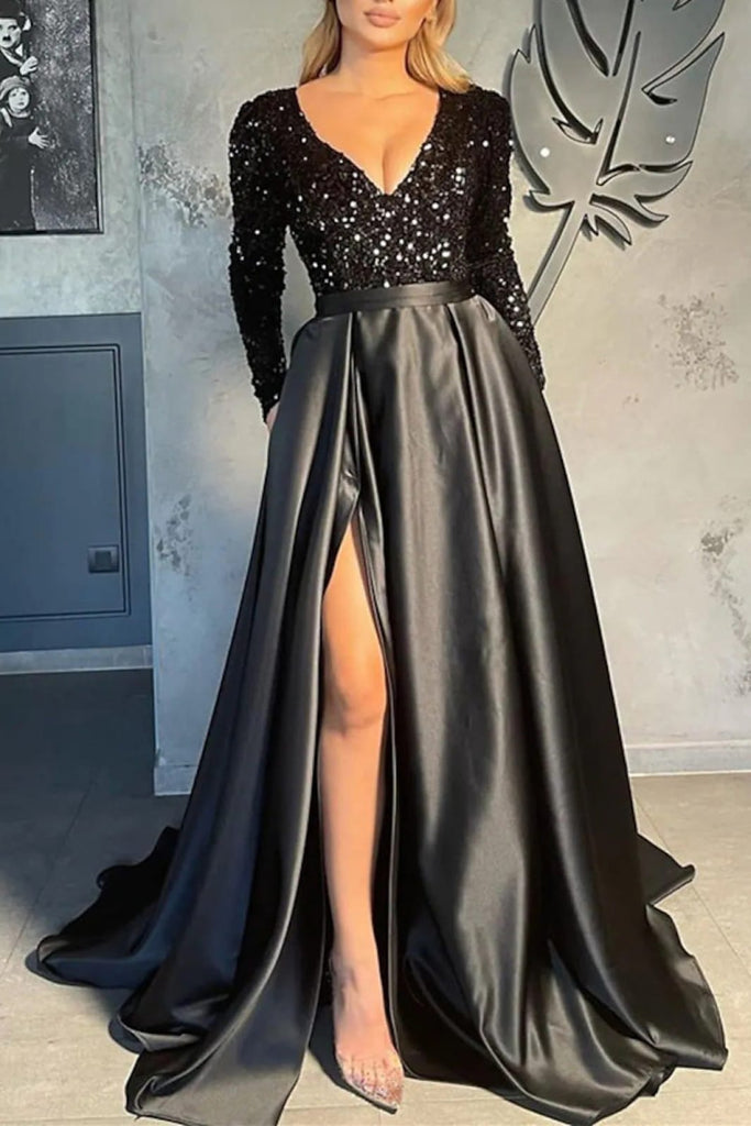 Women's Long Sleeve Lace Prom Dresses with Slit V Neck Formal Dress A-line  Evening Prom Gowns : : Clothing, Shoes & Accessories