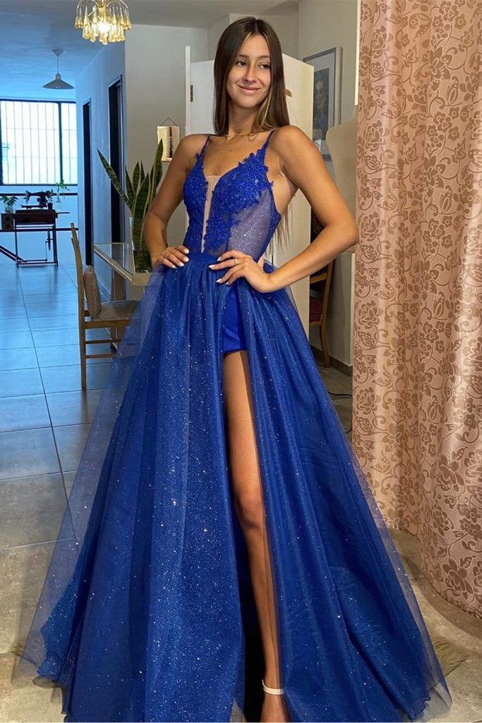 A-Line Prom Dress Sequin Royal Blue Tulle Plunging Sleeveless Slit Swe -  Princessly