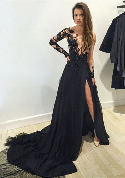 Sequins One-Sleeve Black Formal Dresses Cutout Long Prom Dress with Sl –  MyChicDress