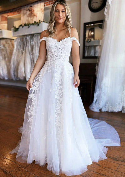 A-line Deep V Neck Spaghetti Strap Backless Lace Tulle Wedding