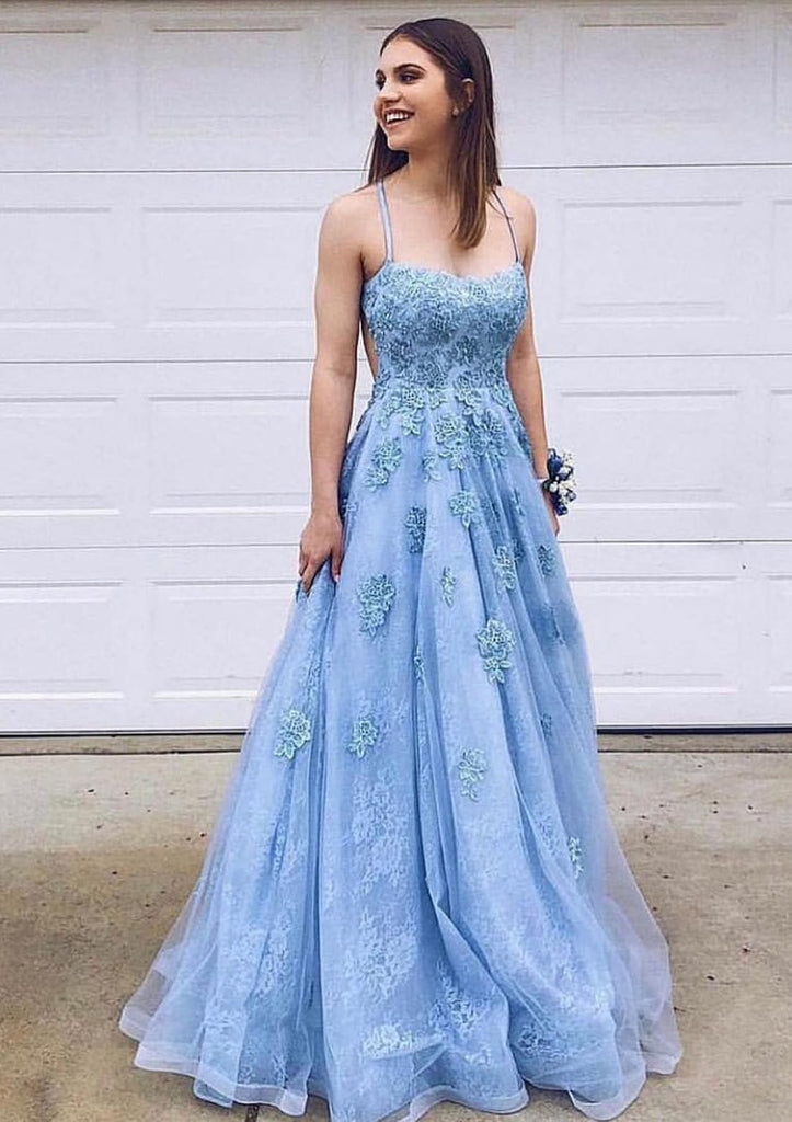 A-line Straps Sleeveless Court Sky Blue Lace Tulle Prom Dress