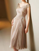 A- لاين أميرة عنق مدور طول الشاي الشيفون ساتان Ruched فستان أم العروس