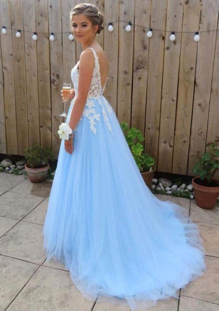 A-line V Neck Spaghetti Straps Sweep Train Tulle Prom Dress With Appliqued