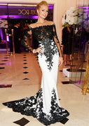 Mermaid Illusion Sleeve Offer Black White Lace Chiffon Court Celebrity Dress