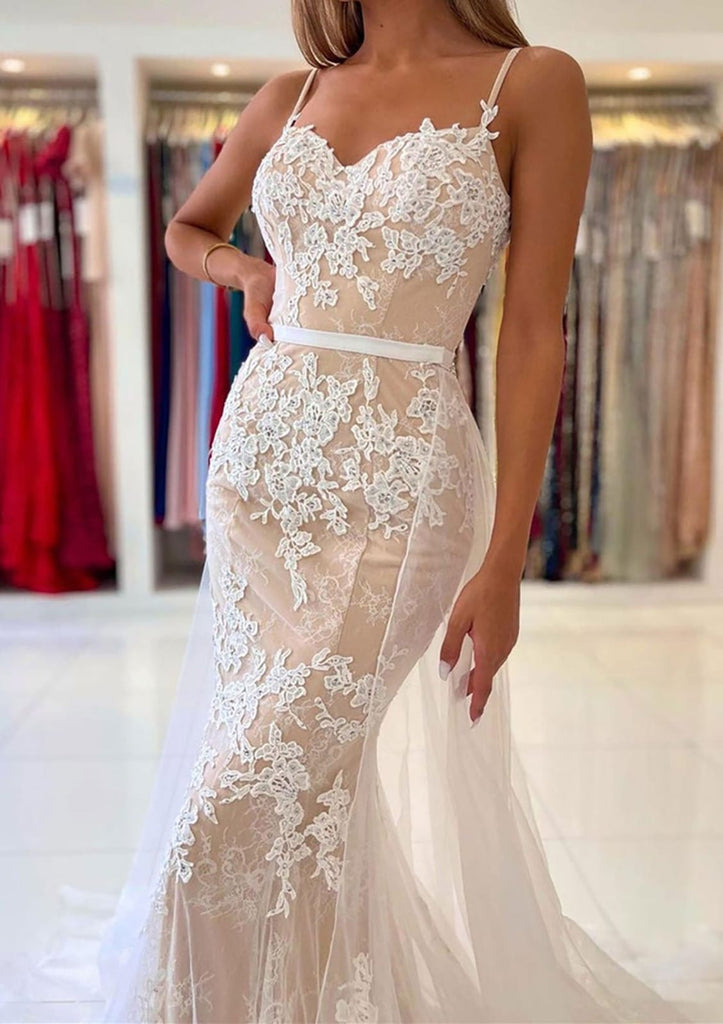 White Lace Spaghetti Strap Short Lace Wedding Dress With Corset