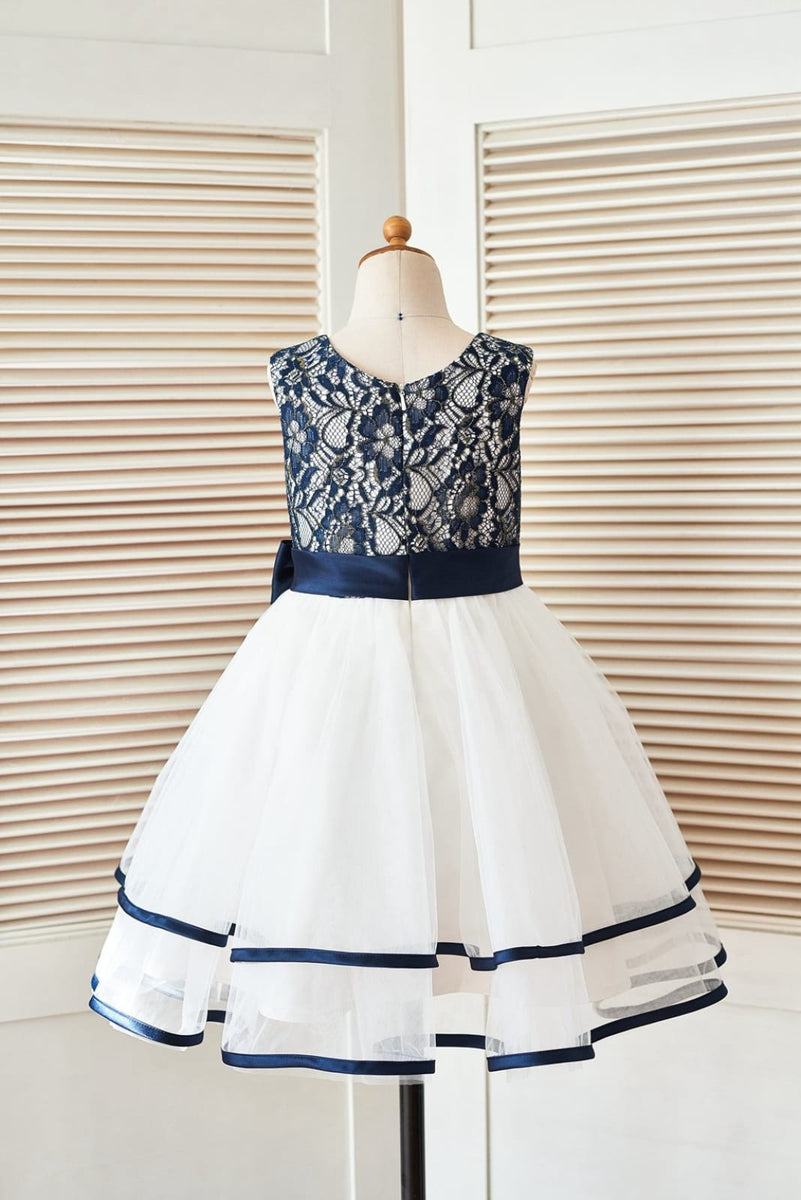 Navy Blue Gold Lace Ivory Tulle Wedding Flower Girl Dress - Princessly