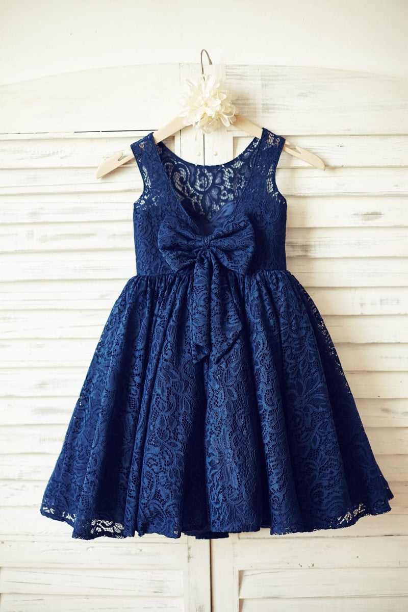 Navy Blue Lace V Back Flower Girl Dress, Big Bow - Princessly