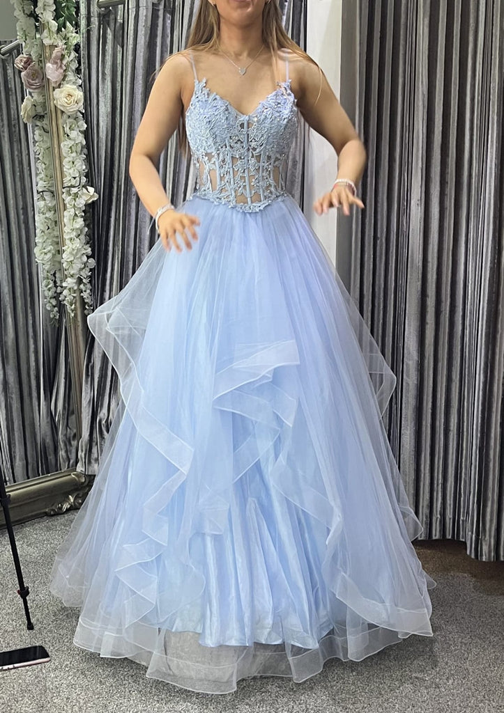 V Neck Lace Corset Horsehair Sky Blue Tulle Prom Dress Evening Gown