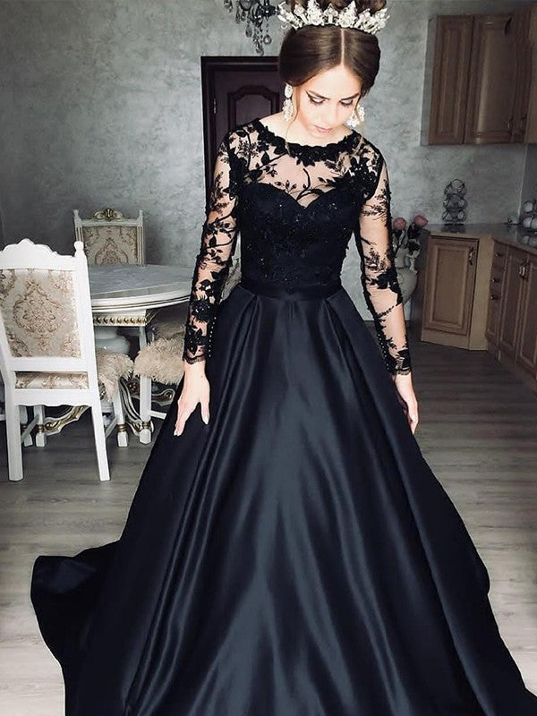 A-Line Satin Lace Illusion Bateau Long Sleeves Sweep Black Wedding Dre ...