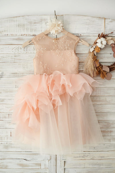 Kivary® Peach-Pink Sheer Half Sleeves A Line Coset Prom Evening Dresses