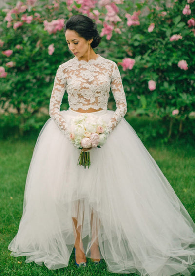 Sheath Ivory Lace Long Sleeves Short Wedding Party Dress - Princessly
