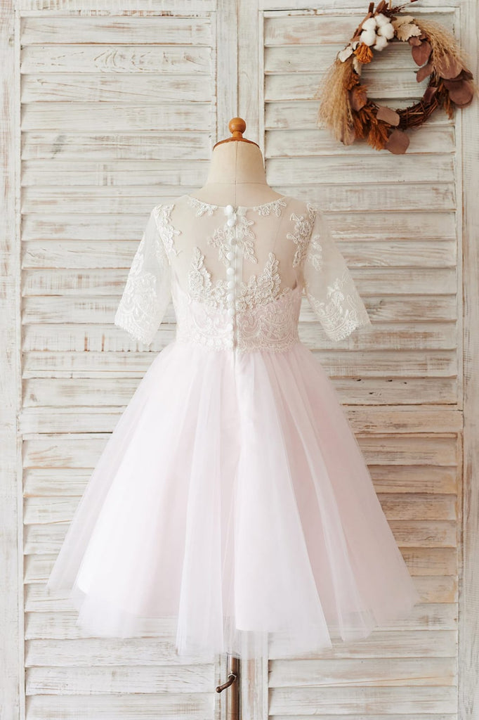 Princess Ivory Lace Pink Tulle Short Sleeves Wedding Flower Girl