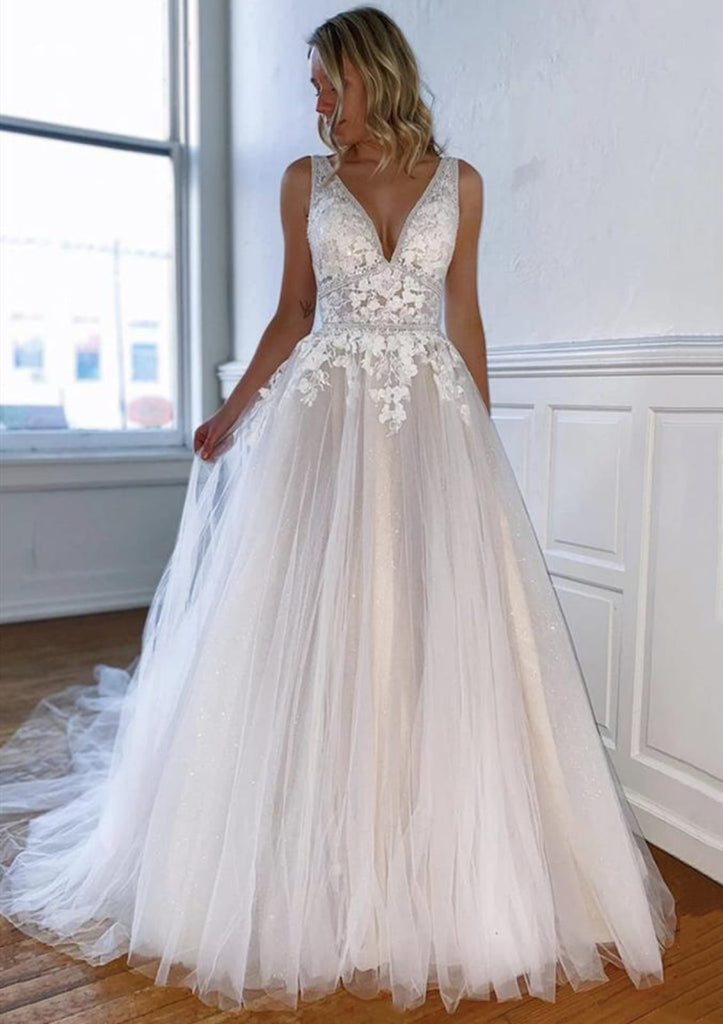 Floral Lace Tulle V Neck Sleeveless Casual Wedding Gown - VQ