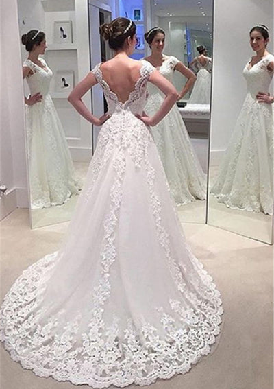 Elegant Lace Wedding Dress With Layered A-line Shape, Thin Straps,  Fairytale Wedding Dress, Deep V-cut Shape Back, Horse Hair Wedding Dress 
