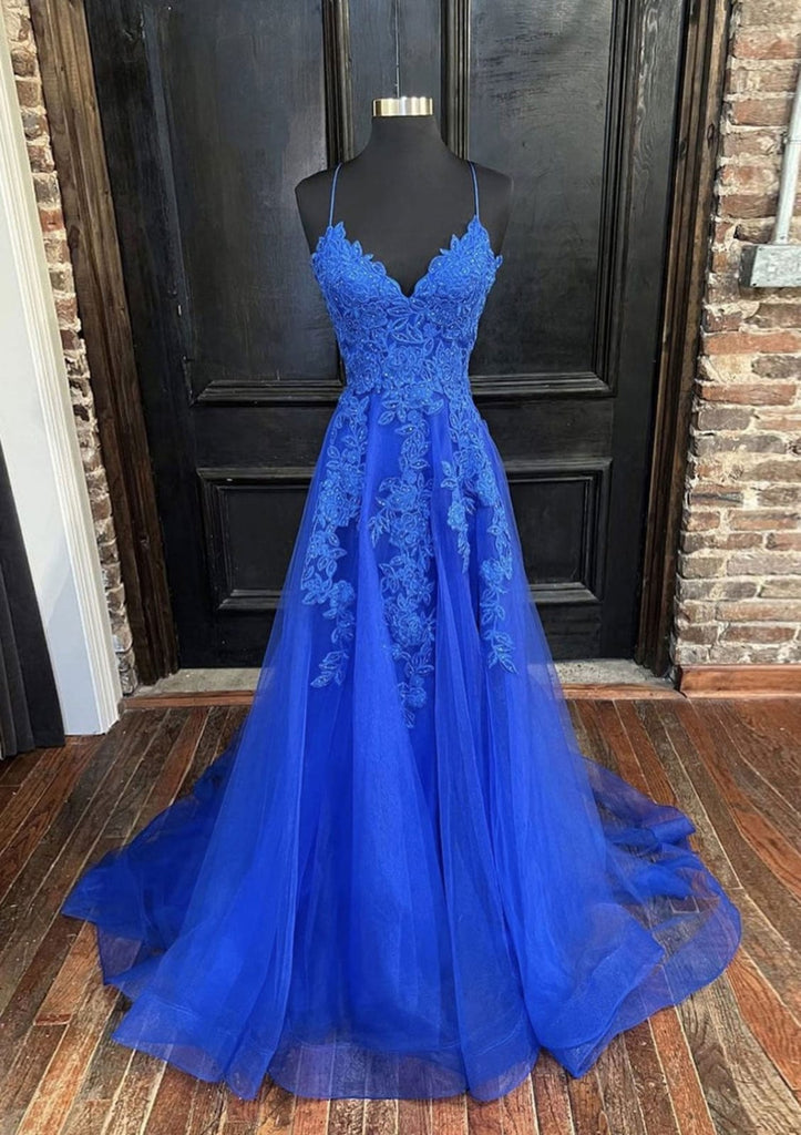 Royal Blue Lace Lace-Up Long Prom Dress – Modsele