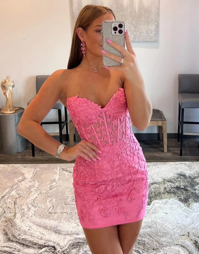 Hot Pink Sweetheart Lace Corset Dress With Lace-Up Back