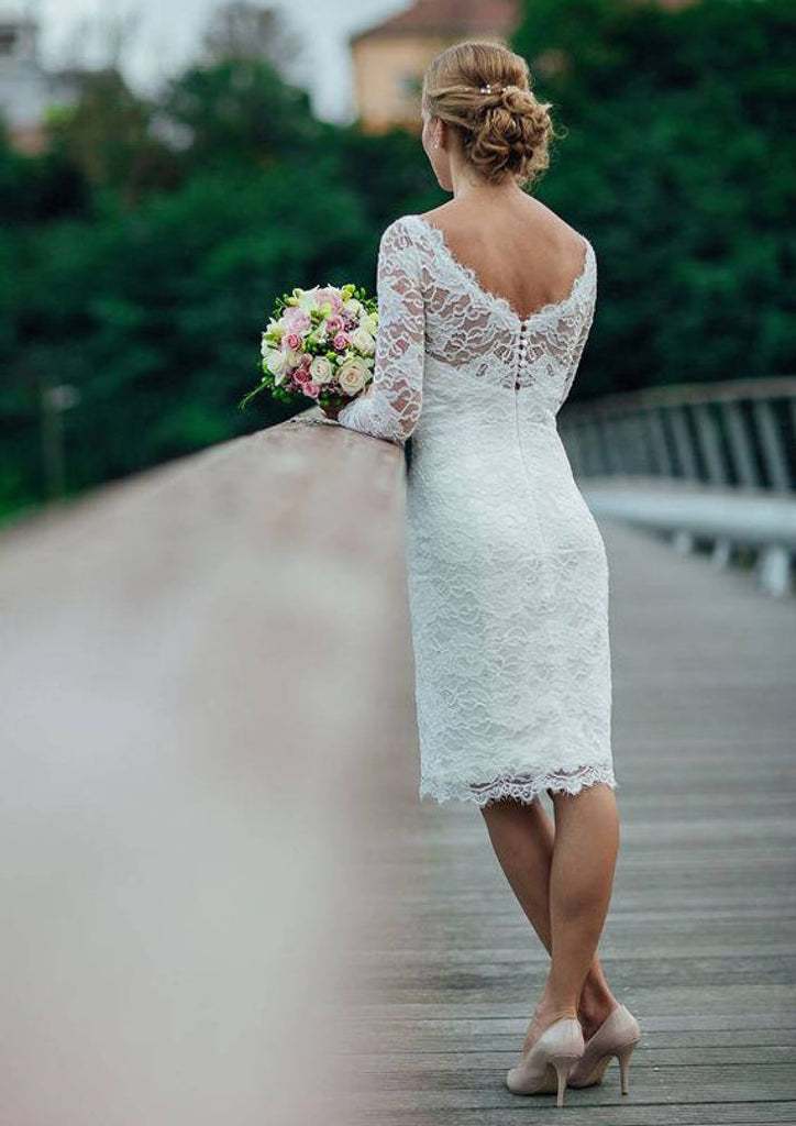 Aline V Neck White Prom Dresses, Satin Tea Length White Formal Wedding –  dresstby
