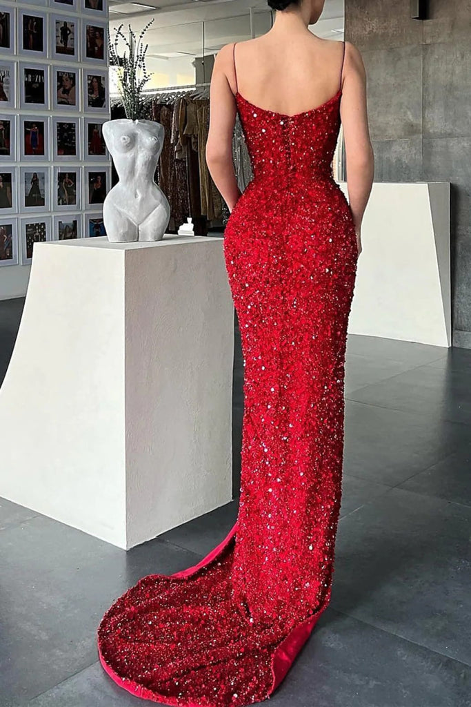 Red Sequin One Sleeve Halter Slit Mermaid Designer Prom Gown
