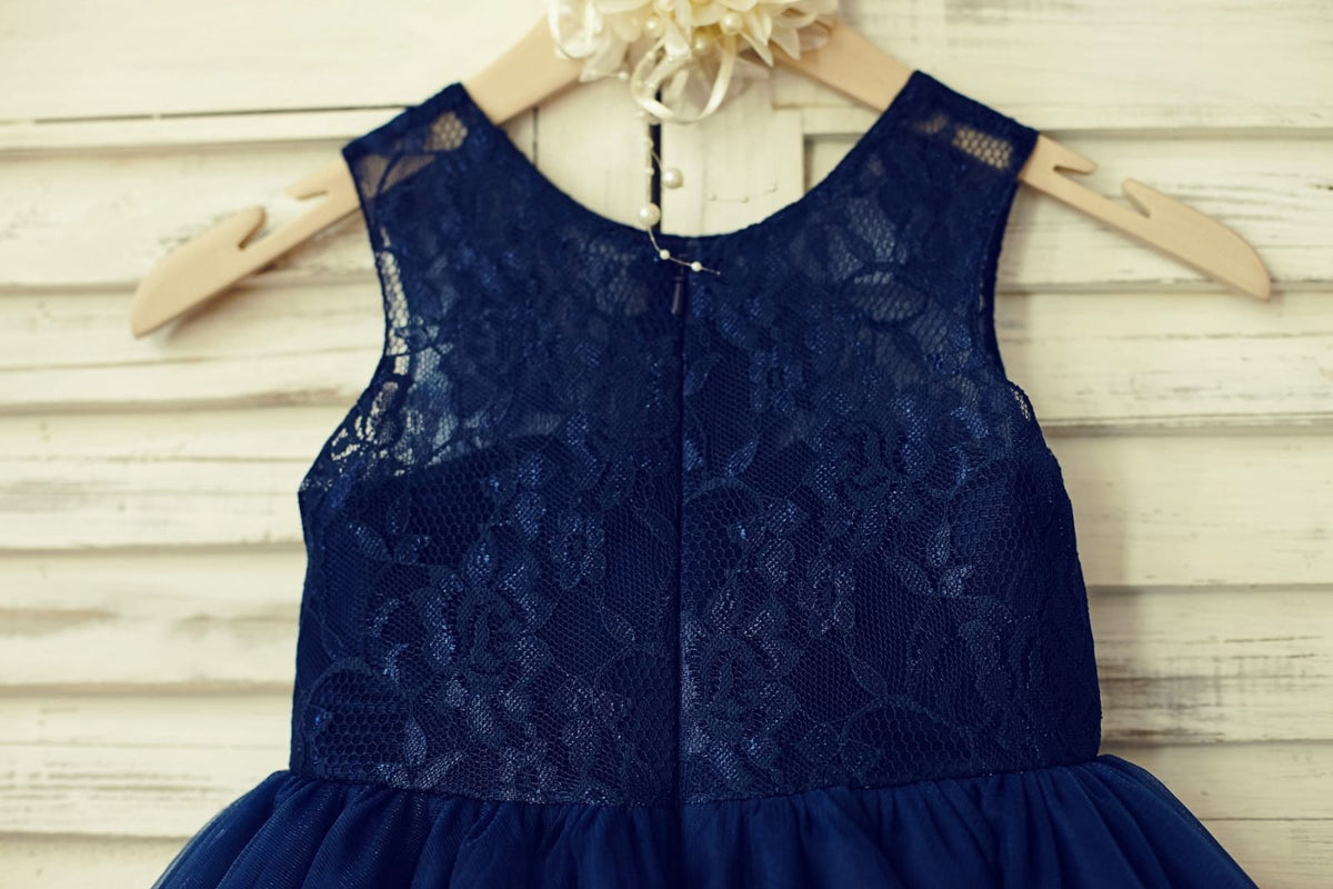 Sheer Neck Navy Blue/Blush/Champagne Lace Tulle Flower Girl Dress ...
