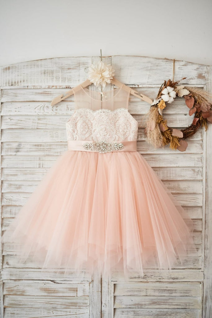 Sheer Neck Peach Pink Tulle Ivory Lace Wedding Flower Girl Dress, Sash -  Princessly