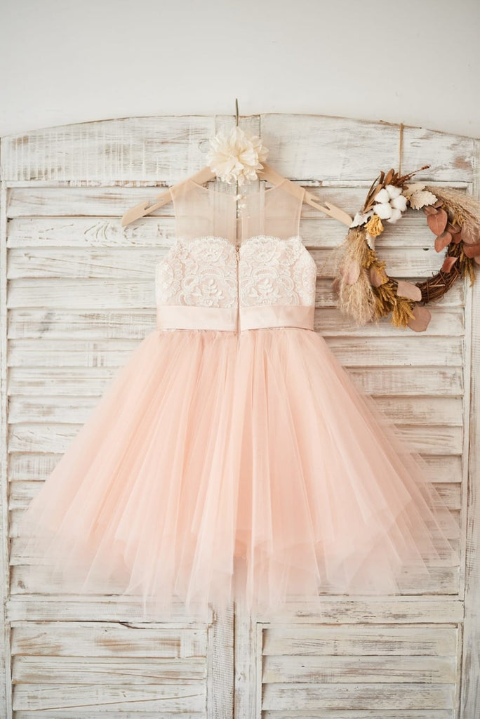 Sheer Neck Peach Pink Tulle Ivory Lace Wedding Flower Girl Dress, Sash -  Princessly